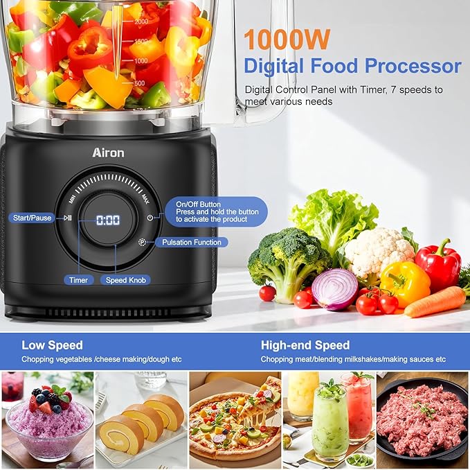 7-in-1 Professional Food Processor, 1000W Powerful Electric Vegetable Chopper, 14-Cup XL Bowl, Large Feed Chute, Cheese Shredding, Meat Chopping, Shredding and Slicing, Mixing and Doughing