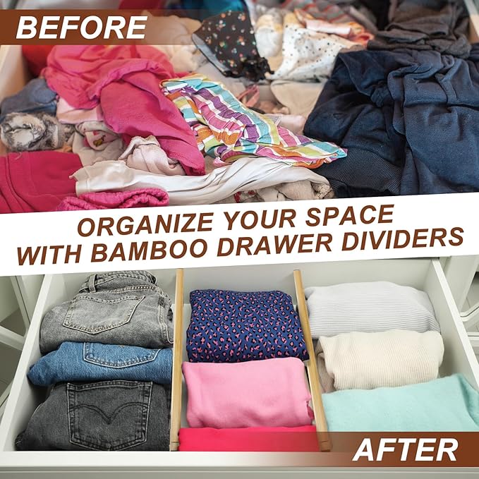 DoubleFill 4 Pcs Deep Bamboo Drawer Dividers, Deep Kitchen Dresser Drawer Organizer with Spring Loaded for Clothes, Adjustable Expandable from 15-22 Inch (Wood Color,6 Inch)