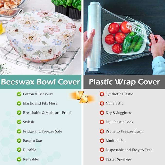5-Size Reusable Beeswax Bowl Covers for Bread Proofing, Cotton Cloth Flexible Beeswax Wraps for Food Storage