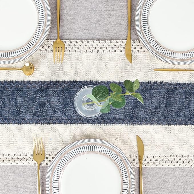 FEXIA Boho Table Runner 36 Inches Long with Tassels Farmhouse Rustic Cream & Blue Macrame for Dining Bedroom Home Baby Bridal Shower Decor(12x36 Inches)