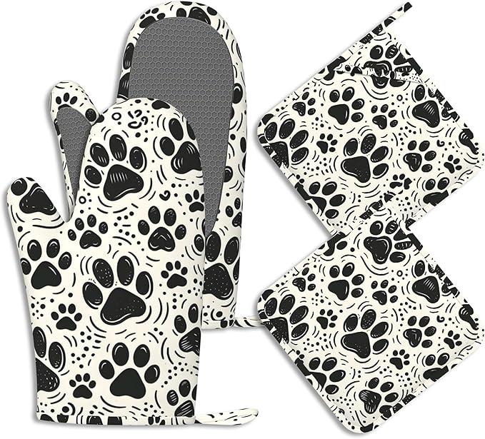 Dog Paw Potholders & Oven Mitts Sets Cat Footprint Paw Prints Silicone Heat Resistant Oven Mits and Hot Pads Non-Slip Pot Holders Gloves for Kitchen Chef Cooking Baking Grilling BBQ