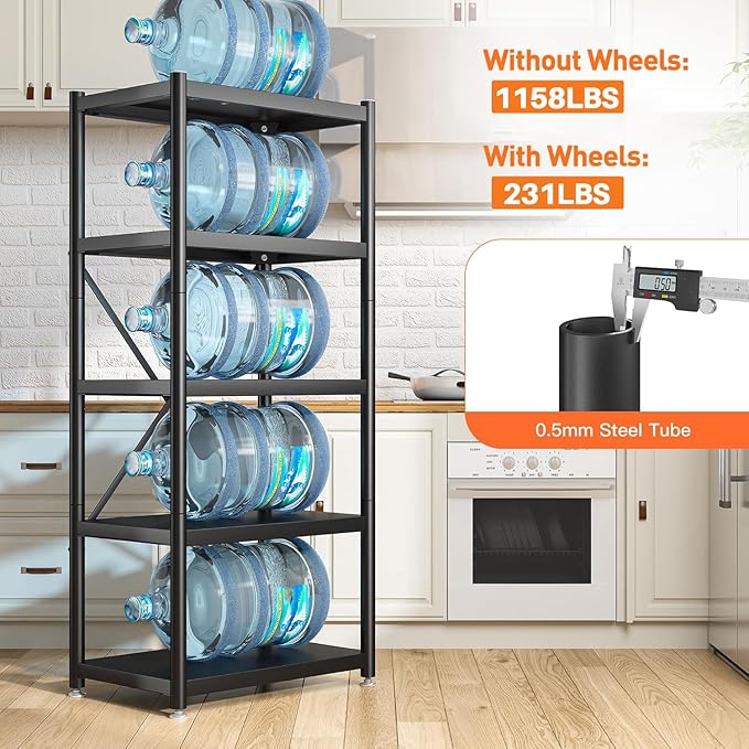 REIBII 5-Tier Storage Shelves with Wheels, Heavy Duty Wire Shelving Unit 1158LBS Capacity - Adjustable Feet for Kitchen, Pantry, Office Organization, Bathroom,15.6" D x23.5 W x63 H