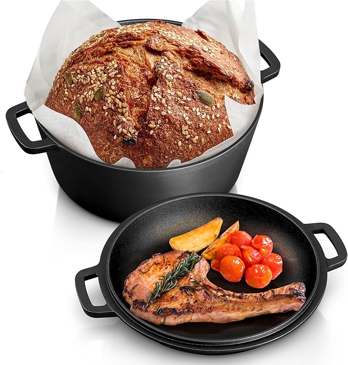 TeamFar Pre-season Cast Iron Dutch Oven with Skillet Lid, 2-in-1 Cast Iron Bread Pan Skillet Cookware with Dual Handles for Bread Baking, Frying, Camping, 5QT