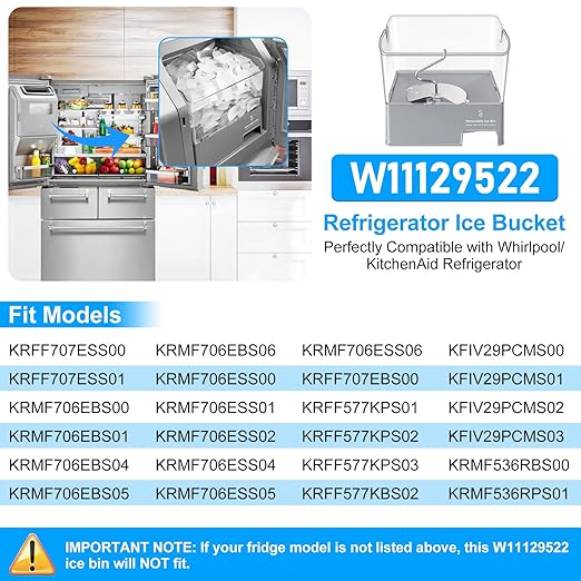 Upgraded W11129522 Refrigerator Ice Bucket Compatible with KitchenAid Ice Maker Replacement W10564750 Whirlpool Removable Ice Bin KRFF707ESS01 KRMF706ESS01 Kitchenaid Ice Bucket Ice Container Ice Tray