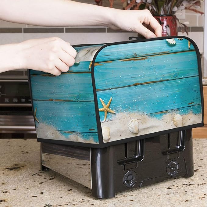 Seashells Starfish Blue Wood Covers for 4 Slice Toasters,Cute Country Bread Machine Cover with Handle,Washable Stain Resistant Kitchen Small Appliance Cover Dining Decor