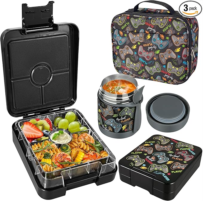 Pawtong Bento Lunch Box Set With 10oz Soup Thermo, Leak-proof Lunch Containers with 4 Compartment, Kids Hot Thermo Food Jar/Insulation Lunch Bag, Food Containers for School (Black-Games)