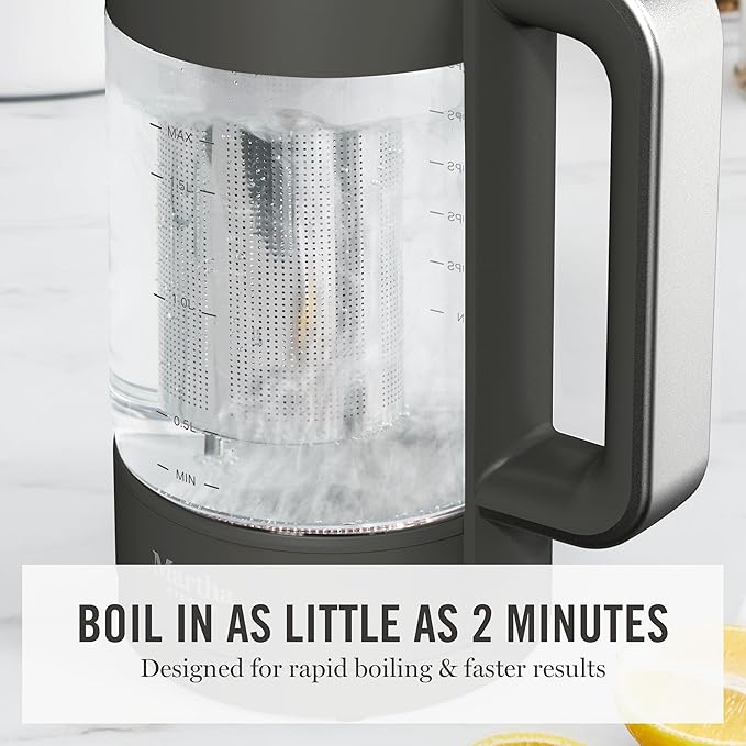 Martha Stewart  Electric  Kettle with Removable Stainless Steel Tea Infuser, Glass Carafe 1.7L (7 Cups), Hot Water Boiler, 4 Presets, Keep Warm & Auto Shut-Off, Cordless 360° Swivel Base, Caviar Gray