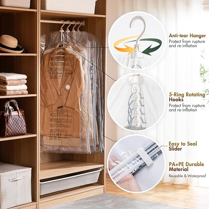 TAILI Hanging Vacuum Sealer Storage Space Saver Bags for Clothing, Suits and Jackets, Closet Organizers, 6 Pack Jumbo Clear