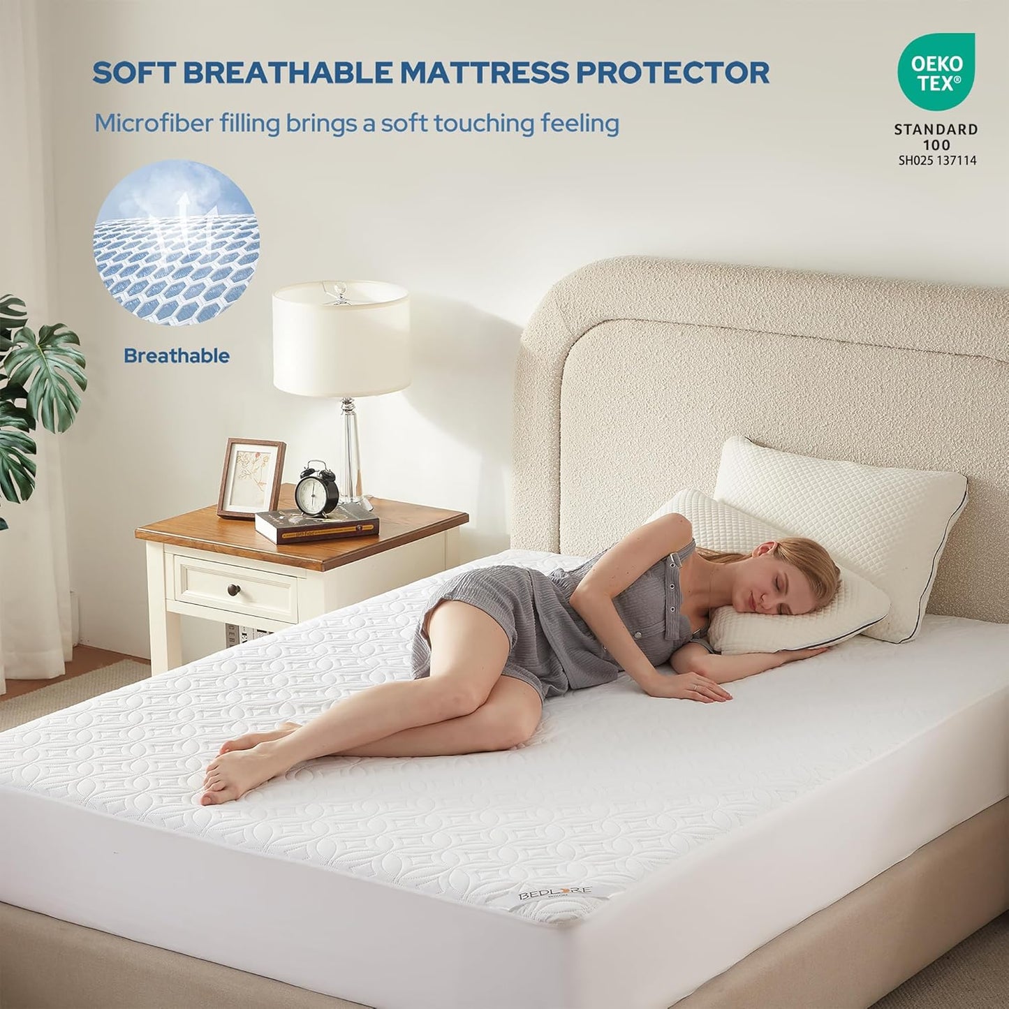 BEDLORE Waterproof Mattress Protector, Queen Size Noiseless Mattress Pad with Deep Pocket 6"-18" Depth, Soft Breathable Bed Mattress Cover Washable for Home, Bedroom, Hotel (White)