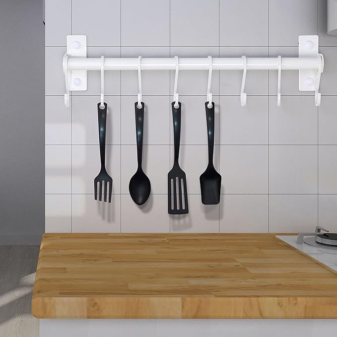 Dseap Kitchen Utensil Holder Hanger, Pot and Pan Rack Wall Mounted, Kitchen Rail with 8 Hooks for Hanging Cooking Utensils, Mugs, Spoons, Wall Mounted, White, Pack of 2