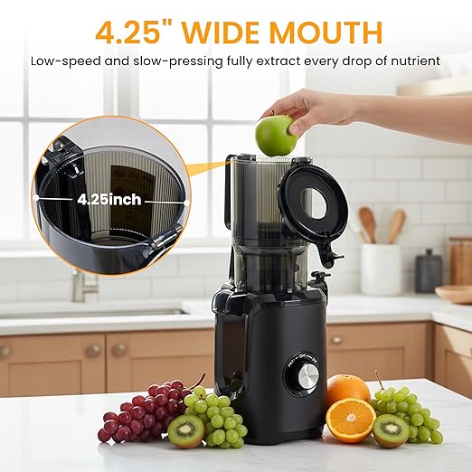 HealSmart Cold Press Juicer, Slow Masticating Juicer Machines with Wide Feed Chute, Fits Whole Fruits and Vegetables, High Juice Yield, BPA Free, Easy to Clean, Black
