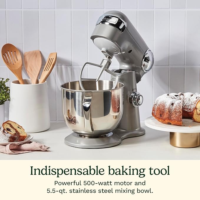 Cuisinart Stand Mixer, 12 Speeds, 5.5-Quart Mixing Bowl, Chef's Whisk, Flat Mixing Paddle, Dough Hook, and Splash Guard with Pour Spout, Silver Lining, SM-50BCNAS, Silver Lining