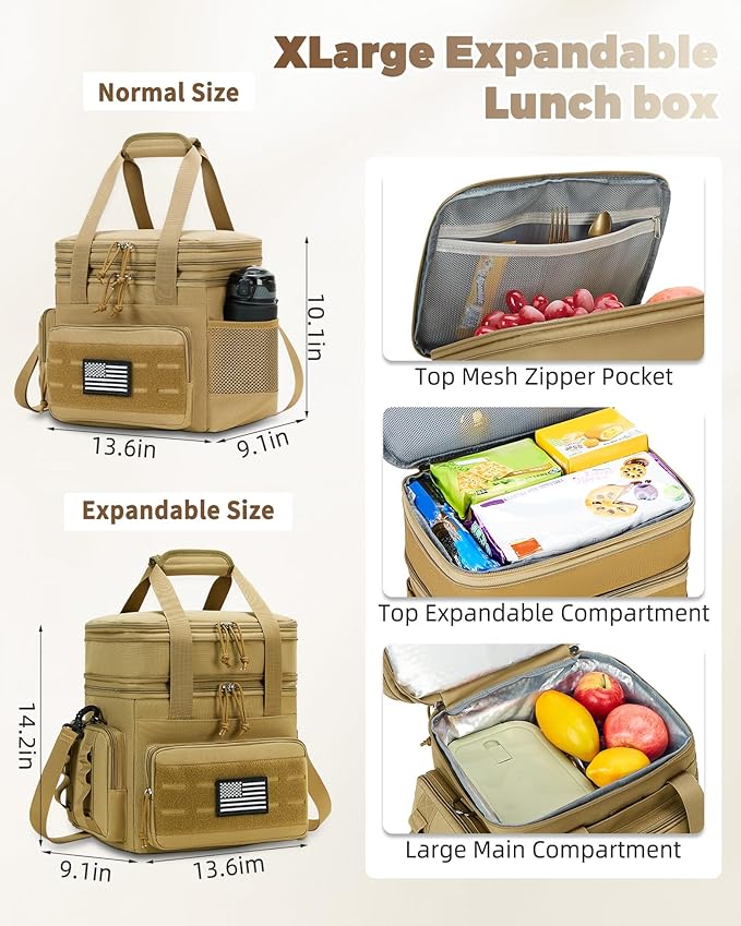Tactical Lunch Bag & Lunch Box for Men - Large Double Deck Expandable Insulated Soft Adult Lunchbox for Work - Cooler Bag for Beach, Picnic, Camping,Outdoor，Travel (Brown,23L)