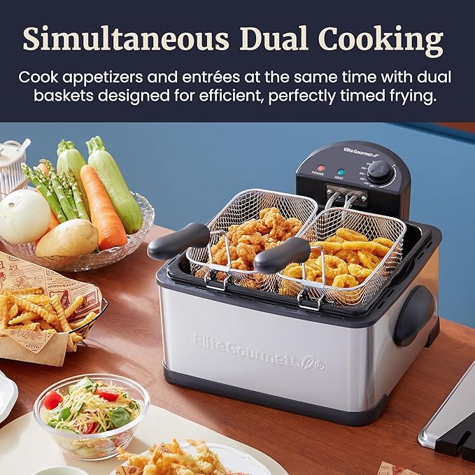 Elite Gourmet Electric Deep Fryer, 4.5 Qt Total Oil Capacity (Dual 2-Qt Split Baskets), 1700 Watts, Stainless Steel, Separates Foods for Simultaneous Cooking, Stainless Steel