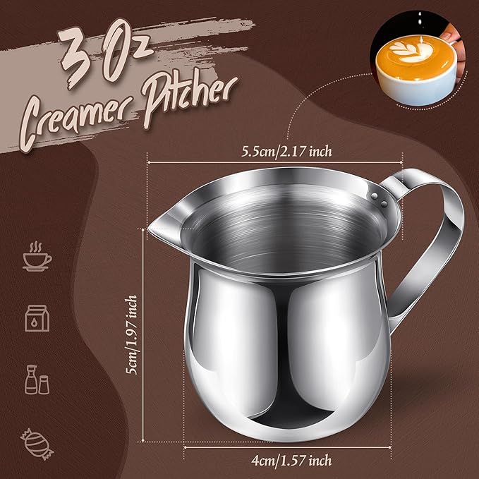 Potchen 6 Pack Stainless Steel Bell Creamers 3 Ounce Creamer Pitcher Mini Coffee Milk Pitchers with Handle and Pouring Spout Cups for Serving Espresso, Tea, Milk, Maple Syrup, Sauce