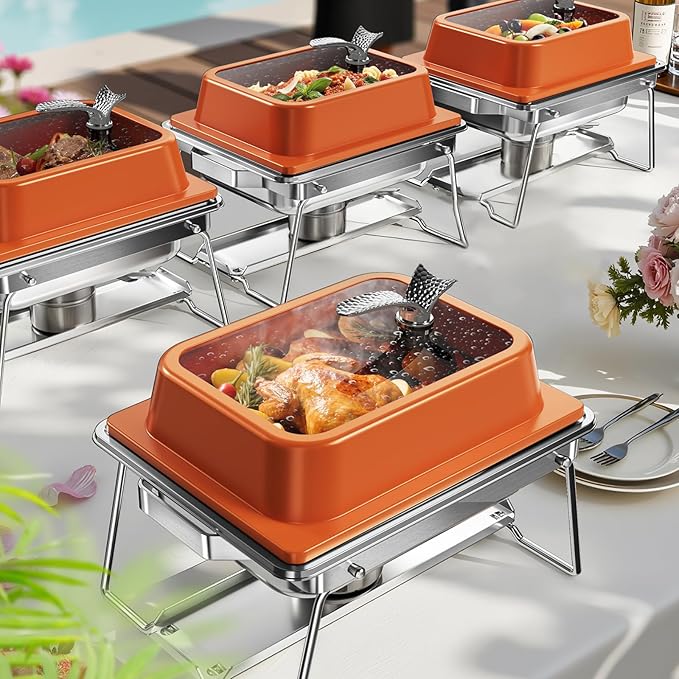 KScocina Chafing Dishes for Buffet, 4 Pack 5QT Square Stainless Steel Chafing Dish Set, Complete Buffet Warmer for Home Parties, Christmas & Catering Events (Orange)