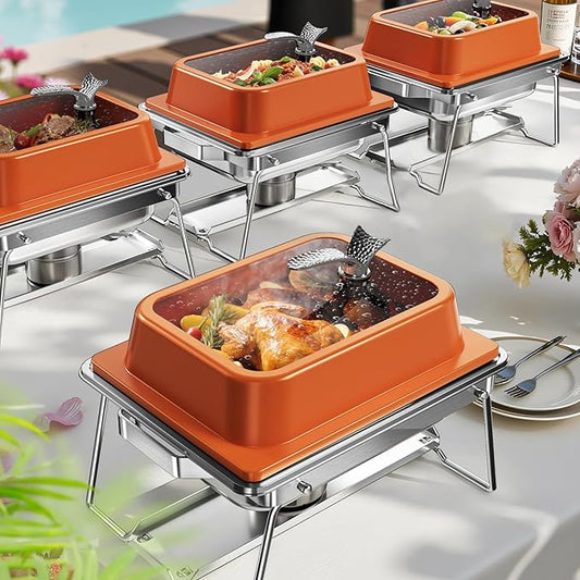 KScocina Chafing Dishes for Buffet, 4 Pack 5QT Square Stainless Steel Chafing Dish Set, Complete Buffet Warmer for Home Parties, Christmas & Catering Events (Orange)
