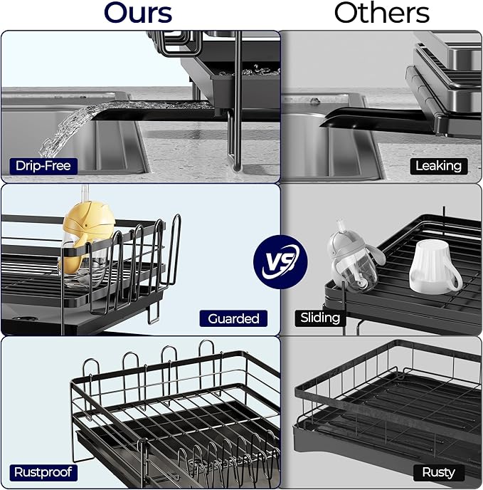 Large Dish Drying Rack, Expandable Dish Rack for Kitchen Counter, Dish Drainer with Drainboard Set, Multifunctional Dishrack with Utensil & Cup Holder, 13.4"-28.7" L x 11.8" W x 7.8" H, Black