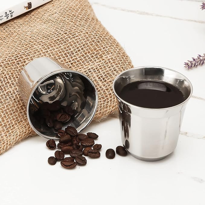 Easyworkz Stainless Steel Espresso Cup 2pcs Set Double Wall 2.5 oz, Bundled Espresso Steaming Pitcher Stainless Steel 15 oz Coffee Frothing Picther Milk Jug Cappuccino Latte Art Cup