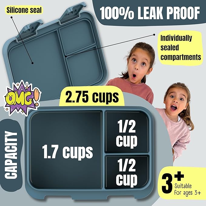 Kids Lunch Box with Compartments – Compact & Lightweight | Leak-Proof, BPA-Free, Dishwasher & Microwave Safe | Hand-Drawn Design for Preschool, School, Travel (Excavator Monkey Blue, 2.75 Cups)