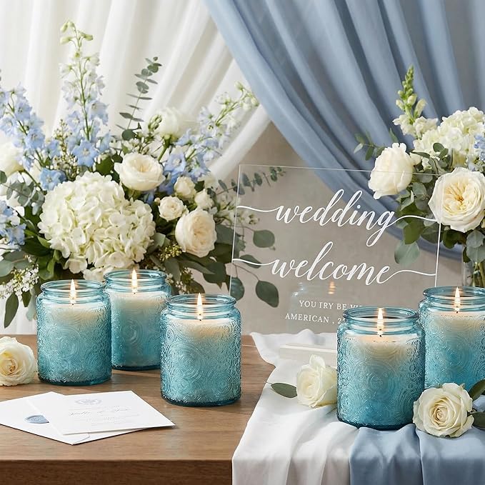Art Secret 9-Pack 8oz Embossed Glass Candle Jars with Lids and Labels - Sun Moon Stars Design (Blue)