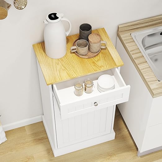 Wooden Simple Style Kitchen Trash Cabinet, Wooden Frame with Drawers and Tilt-Out Trash Cabinet for 10 Gallon Trash Cans 19.69'' W x 13.78'' D x 35.43'' H (White-021)