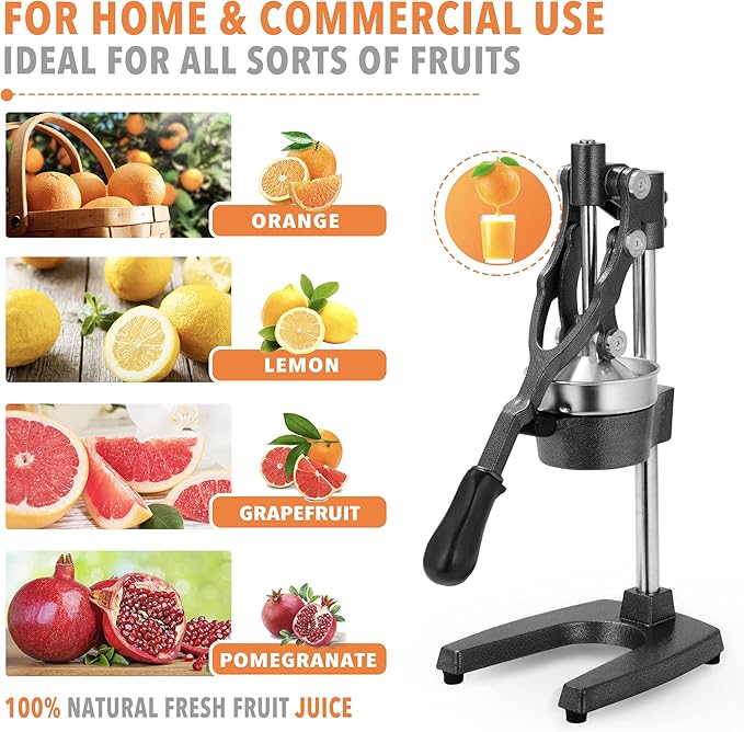 19 Inch Height Extra Tall Commercial Heavy Duty Cast Iron Hand Press Manual Orange Citrus Lemon Lime Grapefruit Pomegranate Fruit Juice Squeezer Machine with Stainless Steel Cup Black