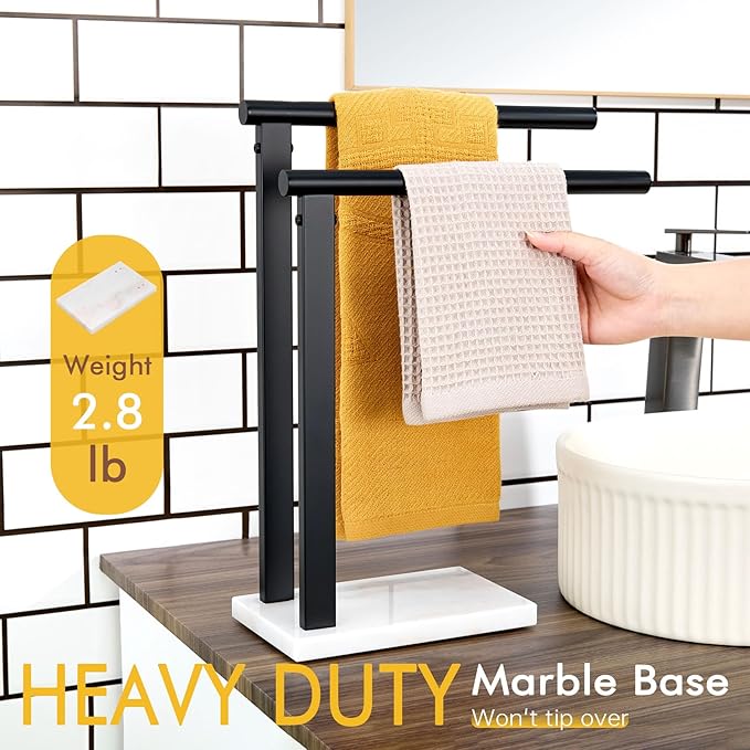 KOKOSIRI Hand Towel Racks Stand Towel Holder 2-Tier with Marble Base for Bathroom Vanity Countertop, Matte Black Stainless Steel 15.7'' Height THS0007-BK