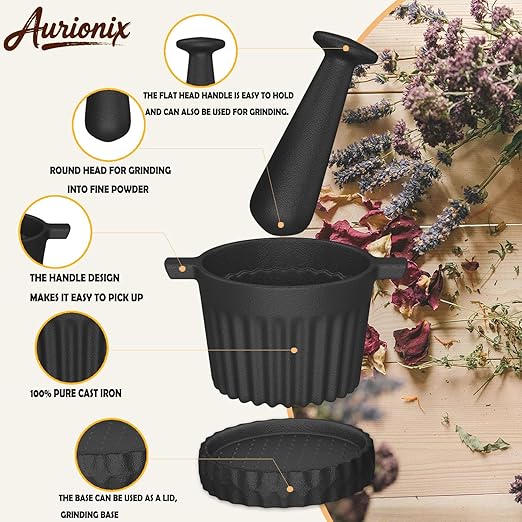 Cast Iron Mortar and Pestle & Garlic Grater Plate Set, Guacamole Bowl and Masher with Bonus Brush/Spoon, Small Mortar and Pestle Set 3-in-1 Crushing Smasher for Kitchen Spices and Pesto