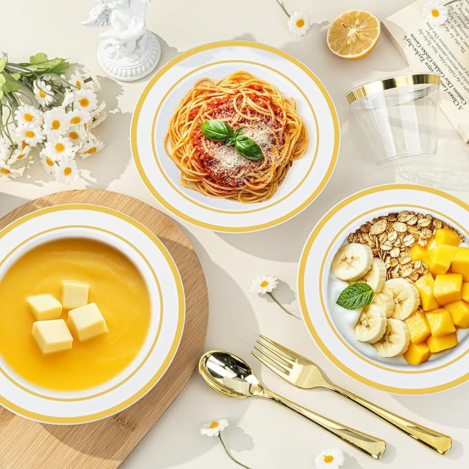 BESTVIP 50 Pack Plastic Bowls with Gold Rim, 12 oz Disposable Soup Bowls, Heavy-duty Dessert Salad Bowl for Party, Wedding, Christmas, Thanksgiving, Dinner, Catering