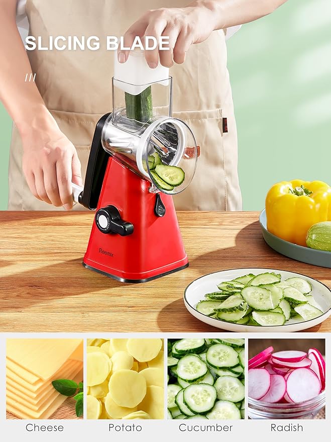 Rotary Cheese Grater with Handle, Reemix Vegetable Cheese Shredder Slicer Grater for Kitchen 3 Changeable Blades for Cheese Potato Zucchini Nuts Chocolate (Red)
