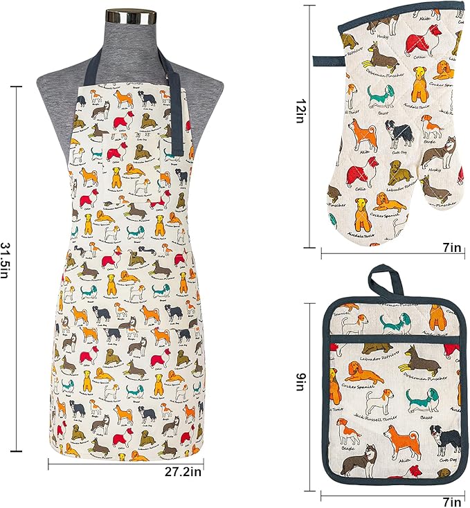Alselo Oven Mitts and Pot Holders with Chef Apron,Set of 5 Heat Resistant Kitchen Gloves and Silicone Non-Slip Potholders Adjustable Neck Buckle Chef Apron, Cotton Nice Design for Cooking (Dog)