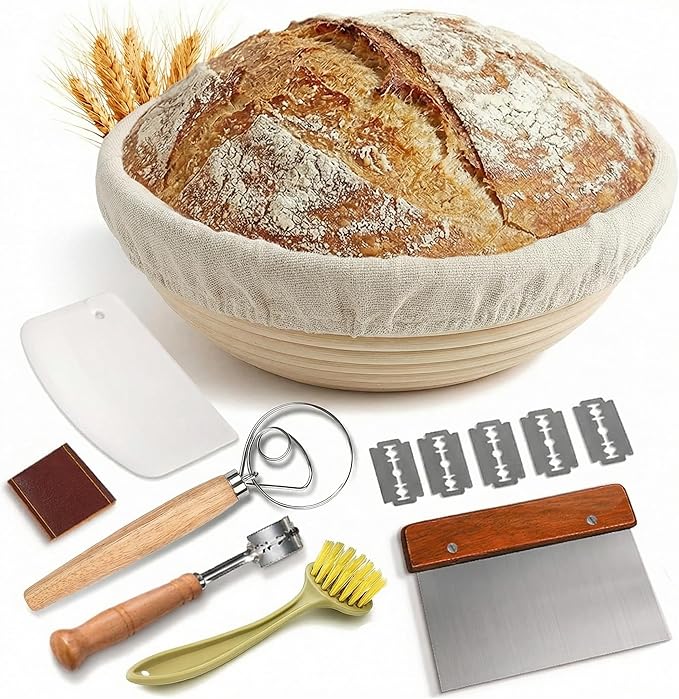 9 Inch Round Sourdough Proofing Basket, 7-Piece Complete Starter Kit with Linen Liner & Baking Tools, Bread Baking Supplies & Accessories Gift Set, Local Warehouse Shipment (1 Pack)