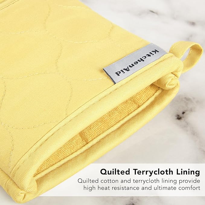 KITCHENAID Quilted Cotton Terry Cloth Oven Mitt, Pot Holder, Kitchen Towel 4-Pack Set, Heat Resistant, Silicone Grip, 16"x26", 7"x13" & 7"x10", Butter Yellow