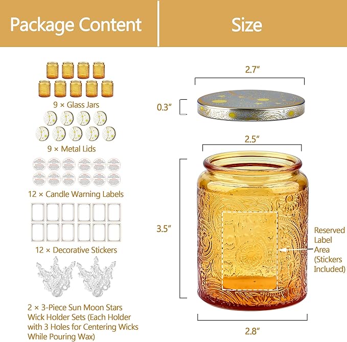 Art Secret 9-Pack 8oz Embossed Glass Candle Jars with Lids and Labels - Sun Moon Stars Design (Orange)