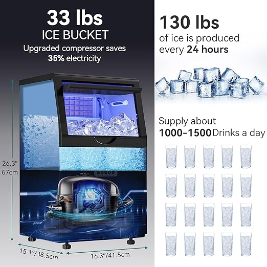YITAHOME 130lbs Black Ice Maker Machine, Commercial Under Counter Ice Maker, ETL & DOE Certificated Commercial Large Ice Makers Freestanding for Home Cafe Bar Restaurant 44pcs with 17lbs Storage Bin