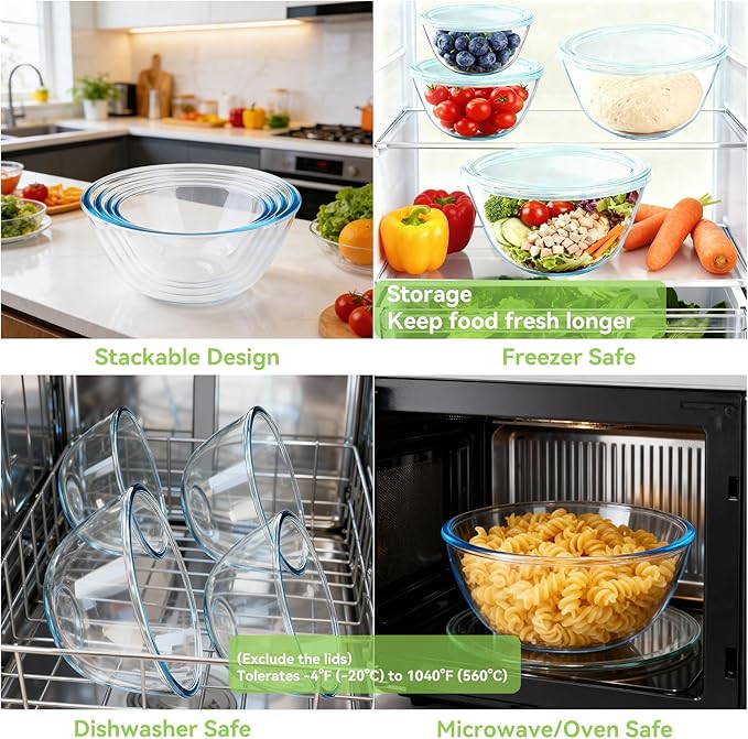 YUANYE 5 Pack Glass Mixing Bowls with Lids Set (5/2.5/1.5/0.9/0.6QT), Thick Glass Large Salad Bowl Set, Nesting Kitchen Bowls for Serving, Prepping, Cooking and Baking, Dishwasher,Oven,Microwave Safe