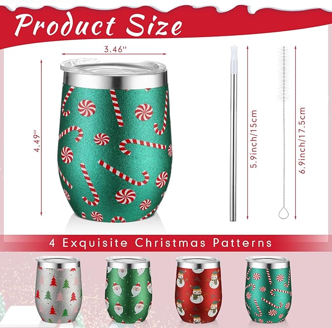 Sliner 4 Pack Pack Christmas Glitter Tumbler Bulk, 12 oz Holiday Wine Tumbler Set Stainless Steel Insulated Sparkling Glitter Cup with Lids Straws and Brushes Travel Mug Xmas Gift (Cute Style)
