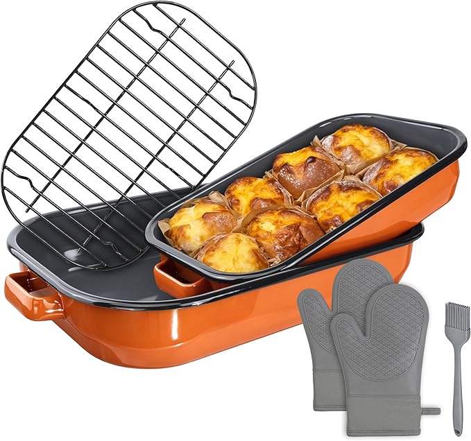 Roasting Pan for Oven with Rack 6-Piece Rectangular Lasagna Baking Dish Set 14&17 Inch, High Temperature Resistance Oven Dishwasher Safe Non-Stick Turkey Ham Roaster Gift for Mom Enamel Bakeware
