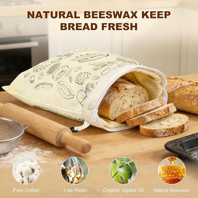 BuyCard 2 Packs Bread Bag Reusable Beeswax Food Storage Bag, Natural Cotton with Bread Pattern Design, Zipper Reusable Bread Bags for Homemade Loaf, Large Size for Fresh Baked Goods Storage