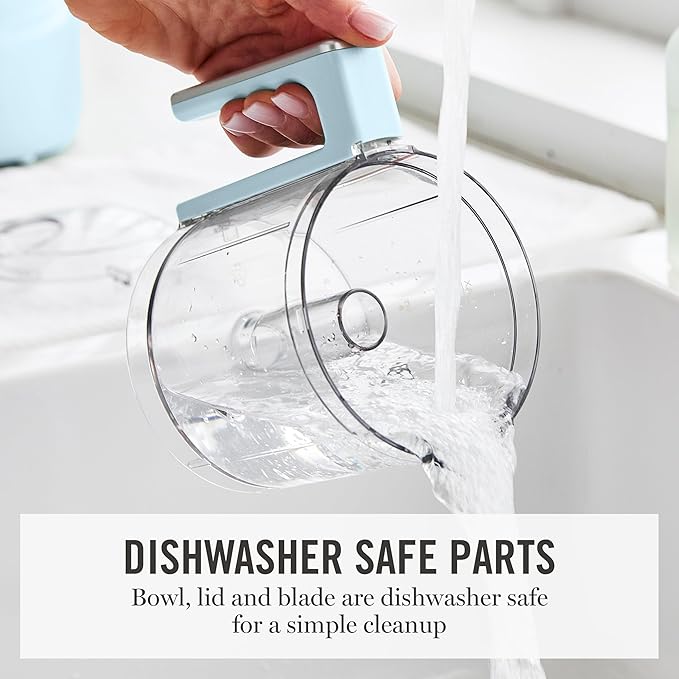 Martha Stewart 3 Cup Electric Food Chopper, Vegetable & Herb Mini Food Processor, 24oz BPA-Free Bowl, Stainless Steel Blades, Pour Spout, Dicing, Mincing, Chop & Puree, Dishwasher Safe, Sky