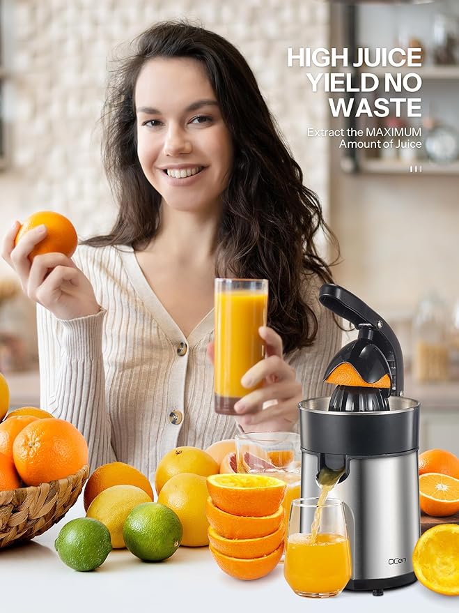 Professional Brushed Stainless Steel Electric Citrus Juicer, 2 Interchangeable Cones for Orange, Lemon & Grapefruit, Easy Clean, Durable Design & Effortless Operation