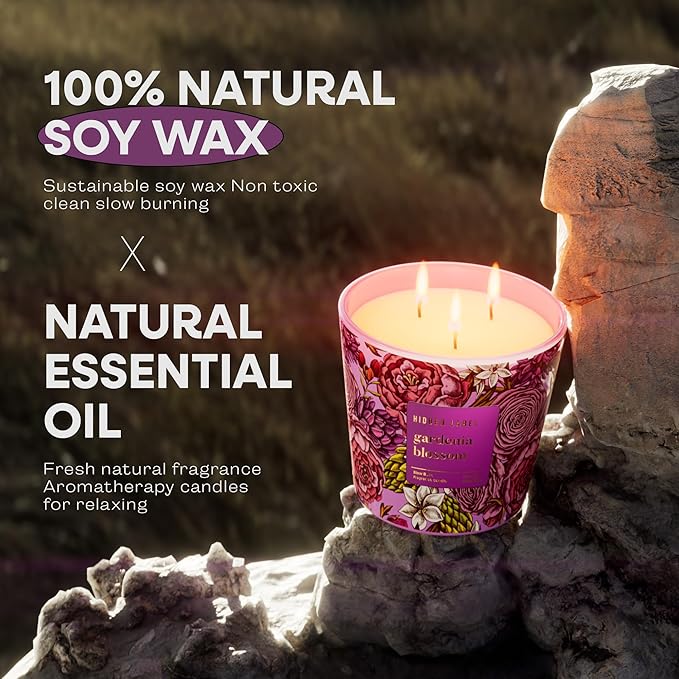 Hidden Label Gardenia Blossom Scented Candle, 30oz Large 3 Wick Natural Soy Wax Candle, 100 Hours Slow Burn Aromatherapy Candle for Stress Relief, Relax & Sleep, Gifts for Women & Men