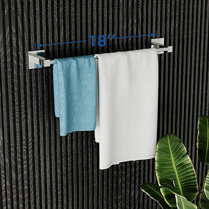 RUACQ Chrome Towel Bar 18 inch, 304 Stainless Steel Towel Racks for Bathroom Wall Mounted, Heavy Duty Bath Towel Rod with Square Base(Chrome)