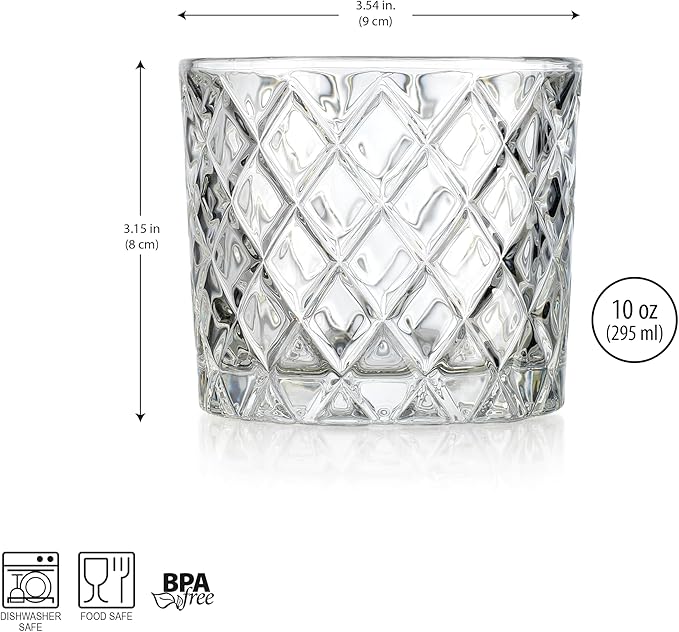 Glaver's Whiskey Glasses Set of 4. 10oz. Double Old Fashioned Glass for Cocktail Bourbon Rock Glasses,Bar Glass for Scotch Tequlia Rum. Diamond Cut. Gift for him