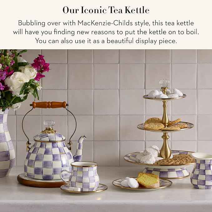 MACKENZIE-CHILDS Enamel Tea Kettle, Decorative Tea Kettle for Stovetop, 2 Quarts, Purple-and-White Violet Check