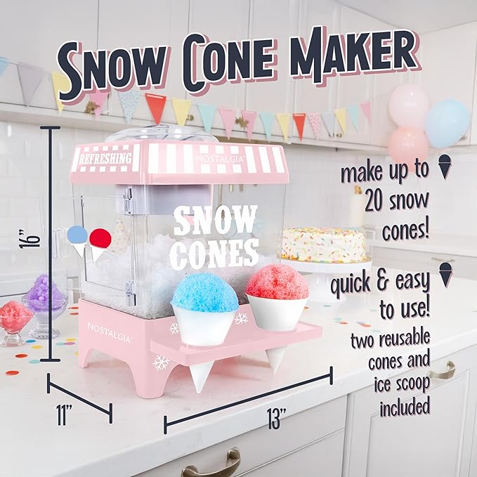 Nostalgia Snow Cone Shaved Ice Machine - Retro Table-Top Slushie Machine Makes 20 Icy Treats - Includes 2 Reusable Plastic Cups & Ice Scoop - Pink