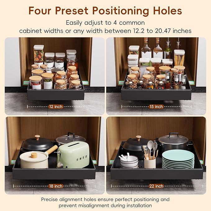 OneDream 2 Pack Pull Out Cabinet Organizer, 21" Deep Slide Out Drawers for Kitchen Cabinets, No Drill Adhesive Pull Out Drawers for Cabinets, Back Roll Out Shelves Adjustable Width 12.05"-20.4"