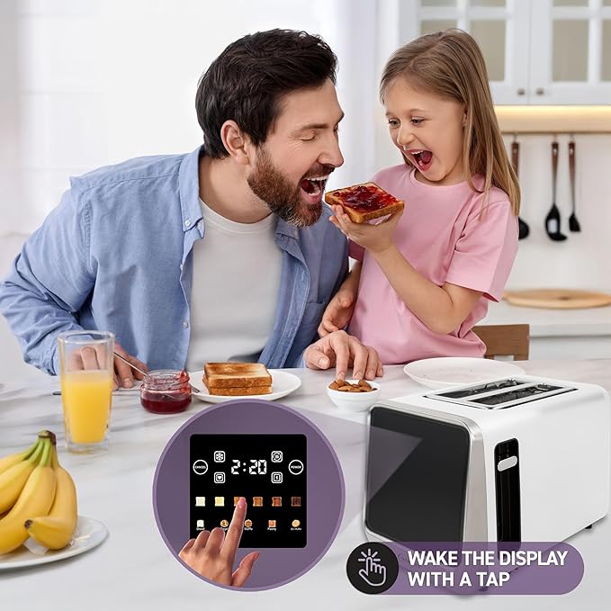 Inspirex Touch Screen Toaster - 2 Extra Wide Slots - 5 Bread Types and 6 Browning Levels - Defrost, Reheat, Favorite, & Single Slot Modes - For Toast, Bagels, & Waffles – White