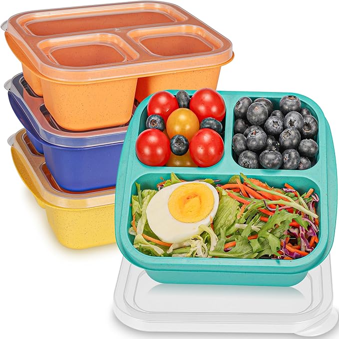 TOUWMX Bento Box For Kids, 4 Pack 3 Compartments Lunchable Meal Prep Containers Lunch Containers, Reusable Snack Containers with Lids, Snack Boxes for School, Work, and Travel